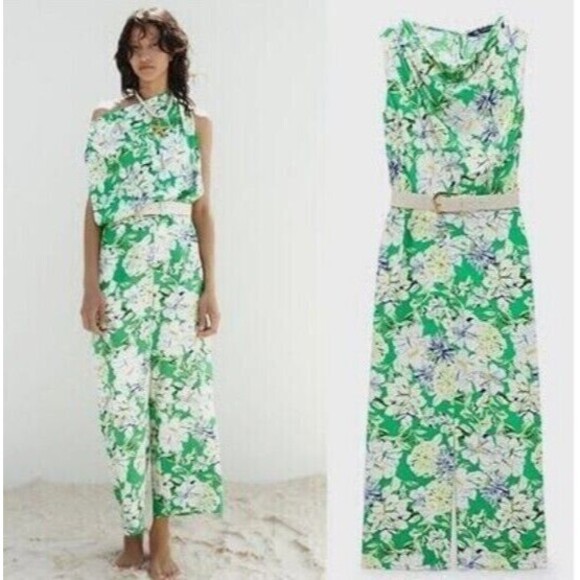 NWT ZARA Tropical Floral Print Belted Jumpsuit in Green WOMEN'S Small - Picture 7 of 9